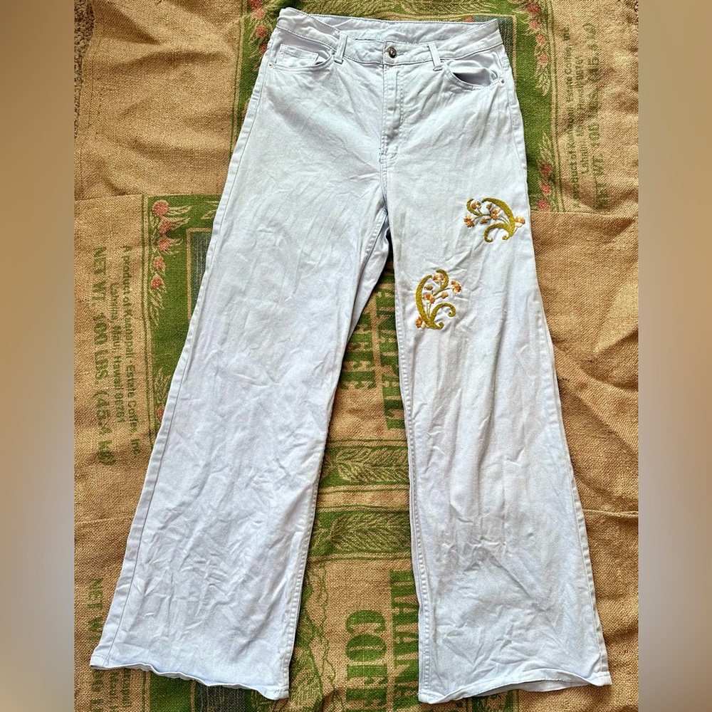 H&M Wide Leg Jeans | Size 10 | Hand embroidered.  Upcycled boho
